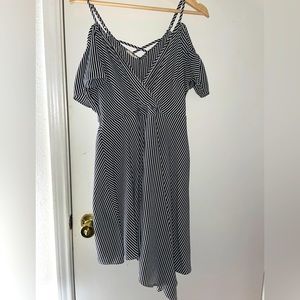 maurice’s Cold shoulder black and white stripe asymmetrical hem dress.
